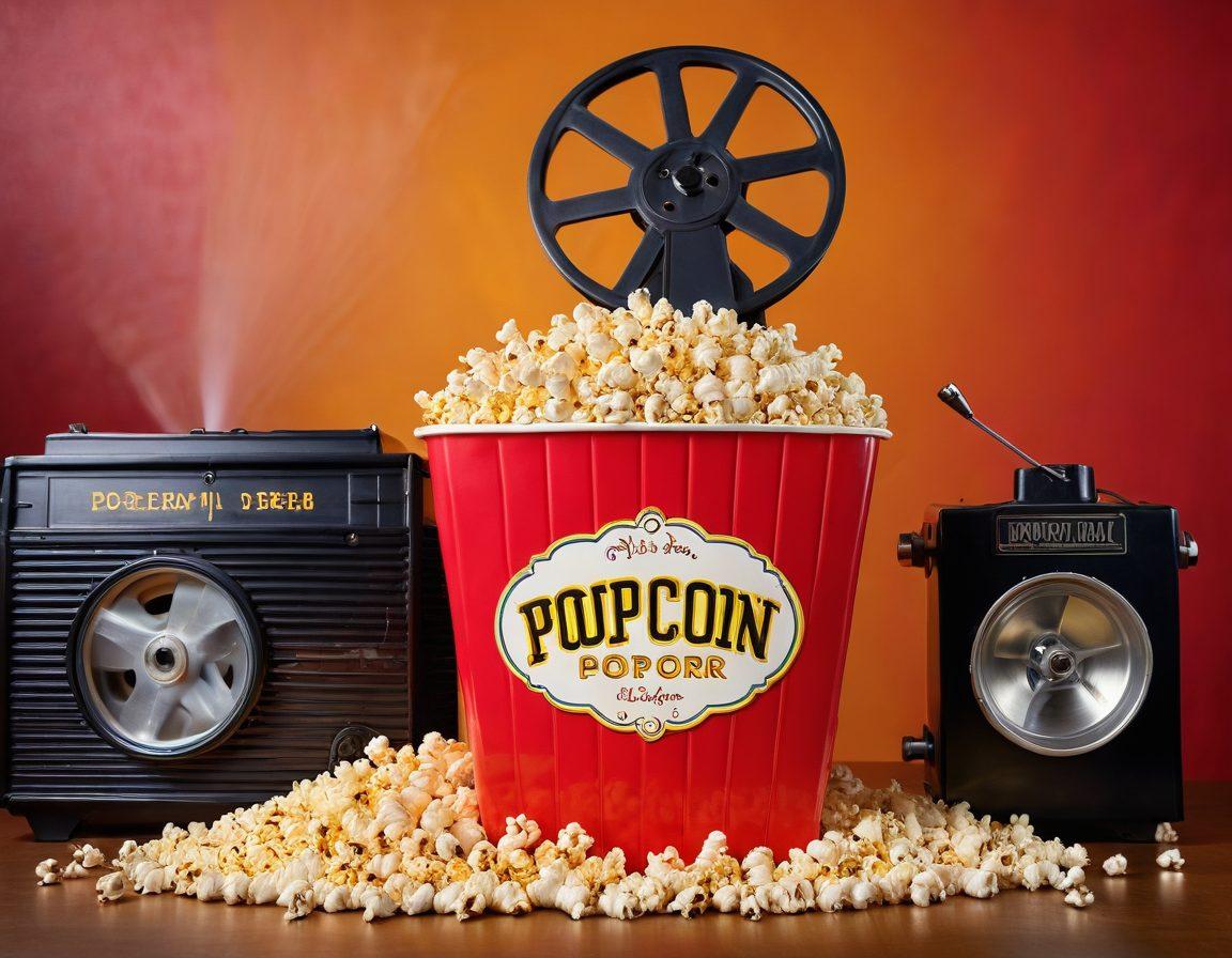 A whimsical cinema setting with a large, colorful popcorn bucket and a vintage movie projector, casting amusing film stills on a screen. Surrounding the scene are joyful families of diverse backgrounds, laughing together while watching a comedy film. Fun cartoonish characters from famous humorous films peek from the popcorn bucket. The atmosphere is vibrant and playful. cartoon style. vibrant colors.