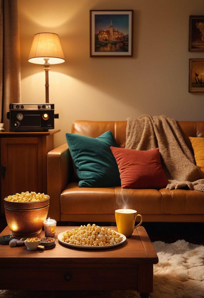 A cozy living room scene lit by a soft golden glow, featuring a plush sofa with colorful throw pillows, a steaming cup of cocoa, and a vintage projector casting a classic film onto a blank wall. A bowl of buttery popcorn sits on a wooden coffee table surrounded by warm fairy lights, creating an inviting atmosphere for a joyful movie night. whimsical, warm tones, super-realistic.