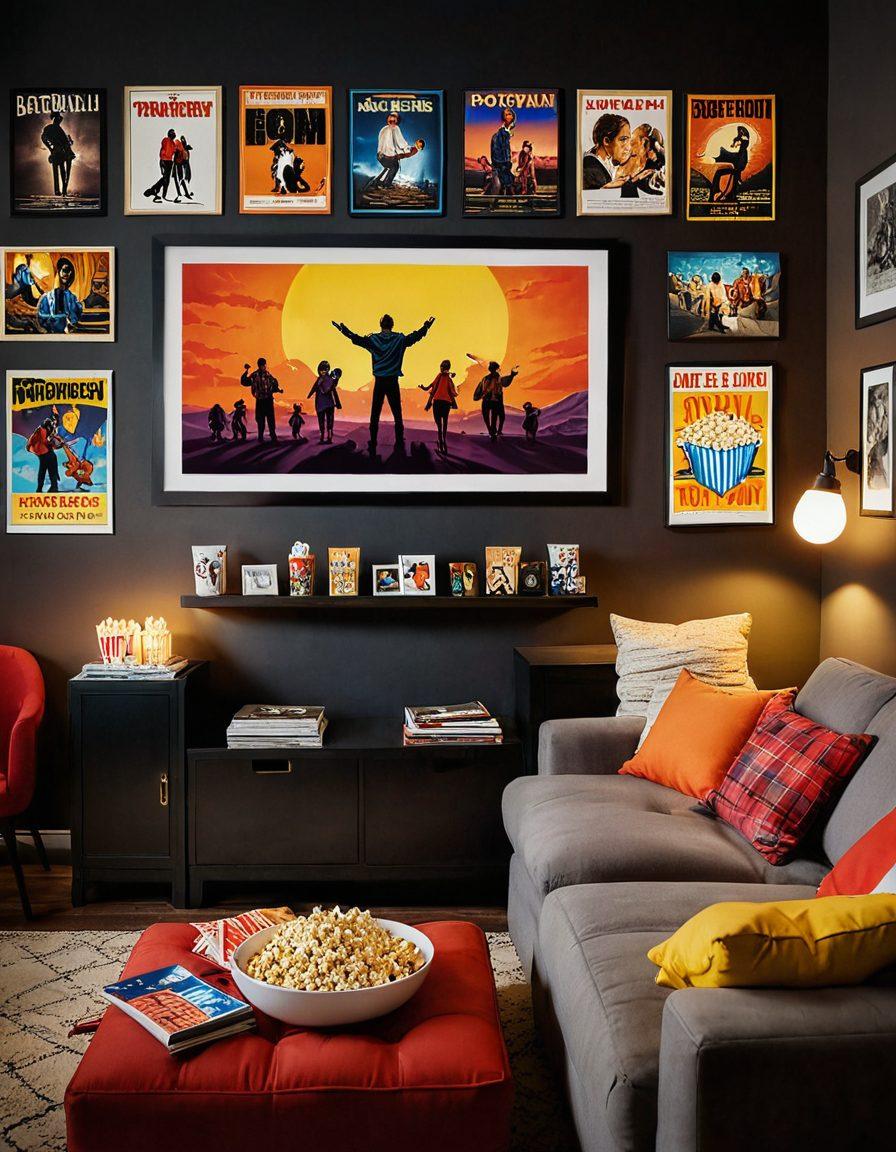 An inviting home theater setting with a cozy couch, popcorn bowls, and joyful family members watching a colorful screen filled with animated characters from family-friendly films. Warm, ambient lighting creates a welcoming atmosphere, while movie posters of classic and contemporary joyful films adorn the walls. Emphasize a sense of togetherness and laughter. super-realistic. vibrant colors. cozy ambiance.